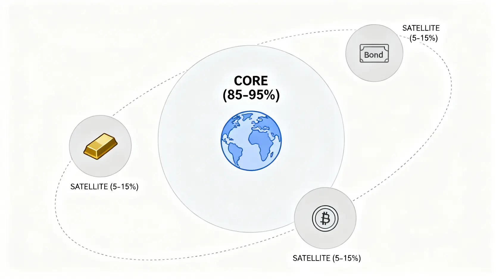 核心-衛星投資策略示意圖,一個大的核心資產周圍環繞著幾個小的衛星避險資產。