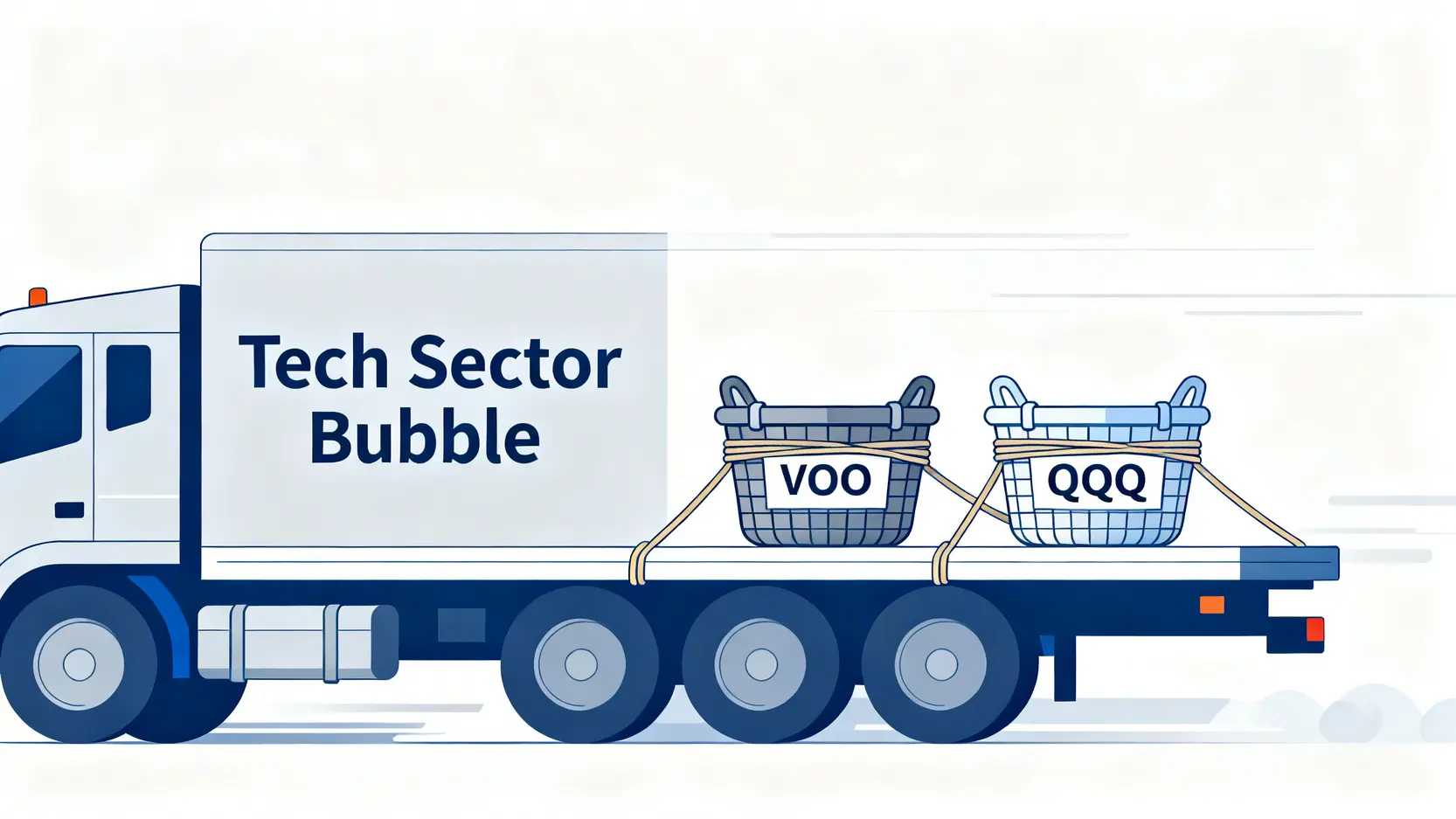 一輛名為「科技板塊泡沫」的卡車上,放著兩個分別標示為VOO和QQQ的籃子,說明了即使投資不同ETF也可能面臨同樣的集中風險。