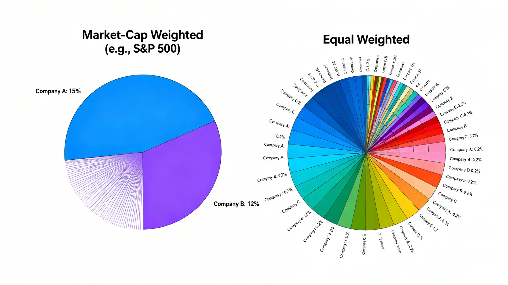 市值加權與平均權重指數的持股結構對比圖。左邊的市值加權圖顯示少數公司佔據極大權重,右邊的平均權重圖則顯示所有公司權重均等。