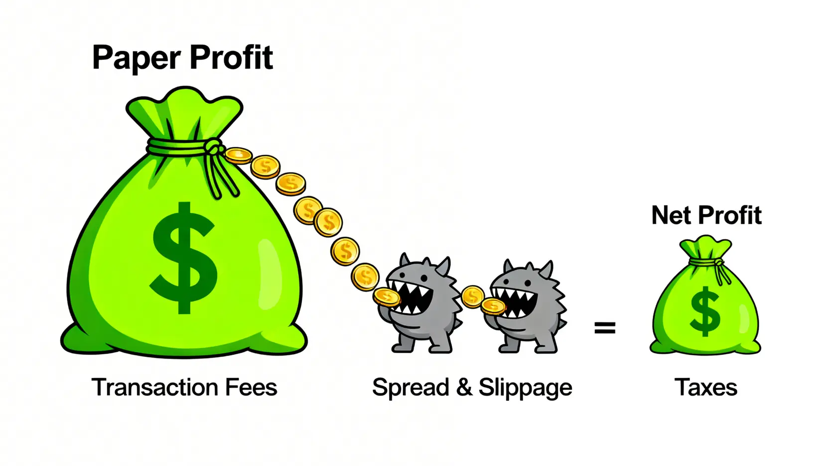 一張示意圖,說明帳面利潤經過交易手續費、價差與稅務等隱形成本侵蝕後,才成為實際的淨利潤。