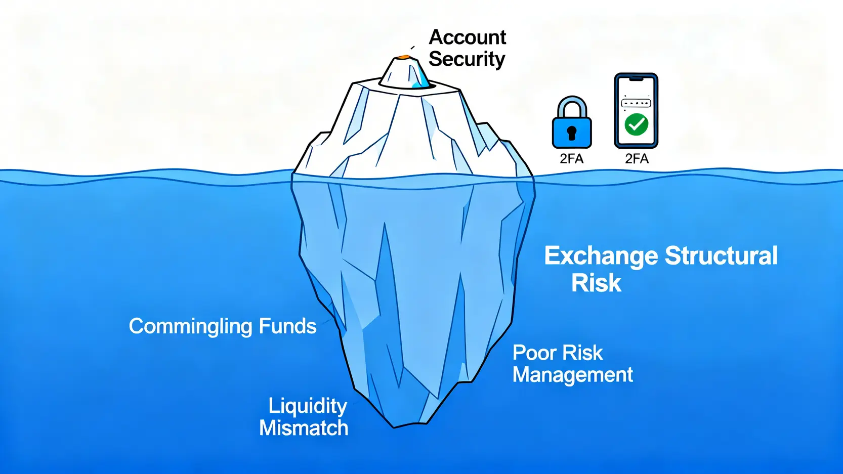 交易所安全風險冰山圖,顯示個人帳戶安全只是冰山一角,真正的風險在於水面下的平台結構性問題。