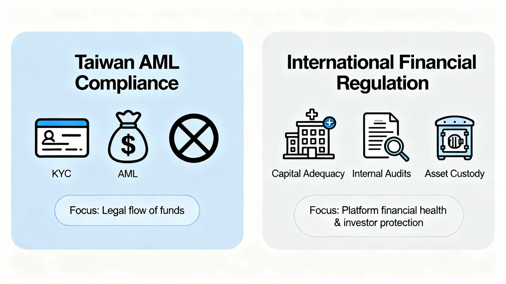 台灣與國際加密貨幣監管強度對比圖,顯示台灣監管側重洗錢防制,而國際監管更全面。