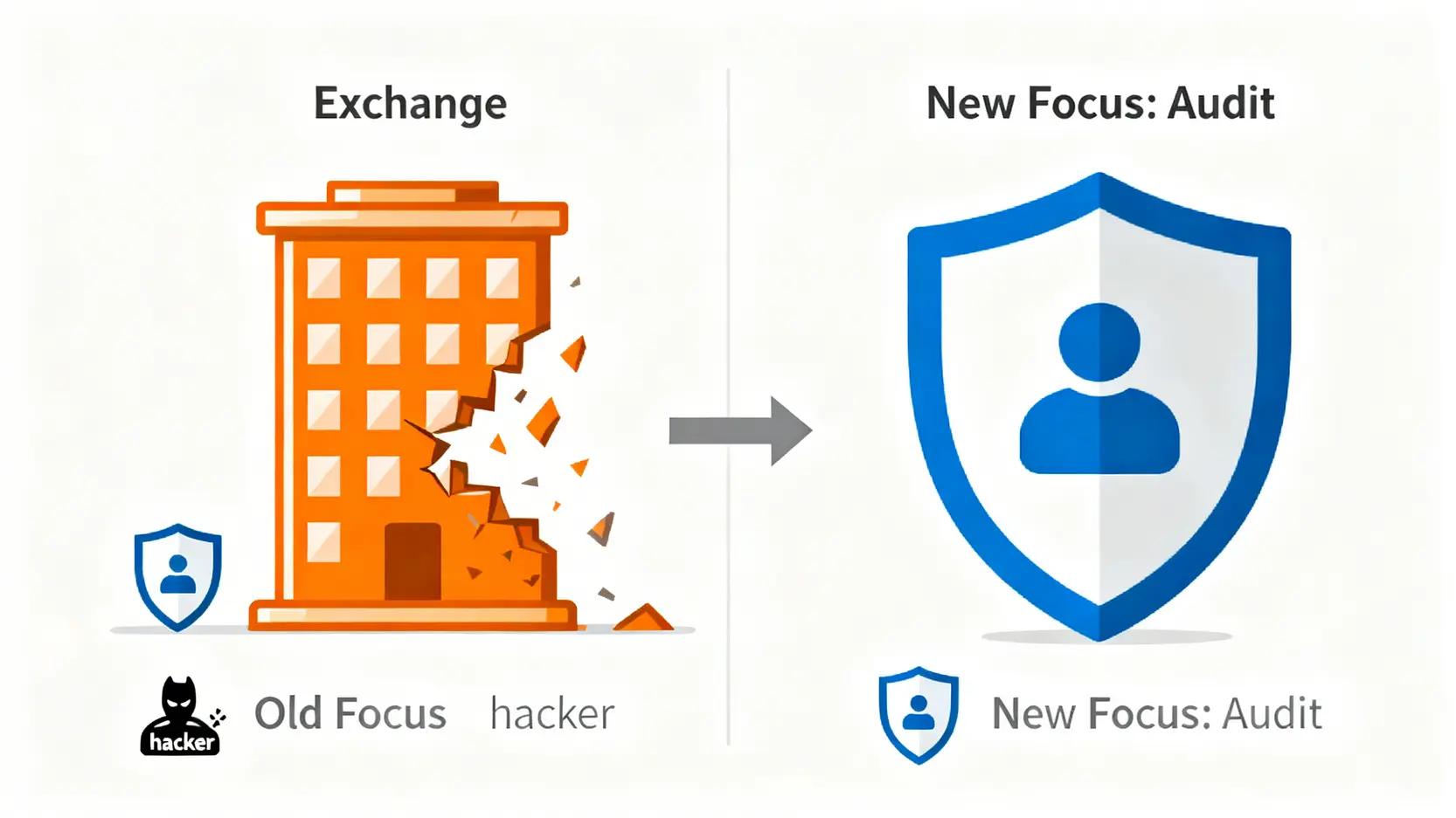 一張對比圖,展示了資金安全焦點的轉變,從防範外部駭客的小盾牌轉向審計交易所破產風險的大盾牌。