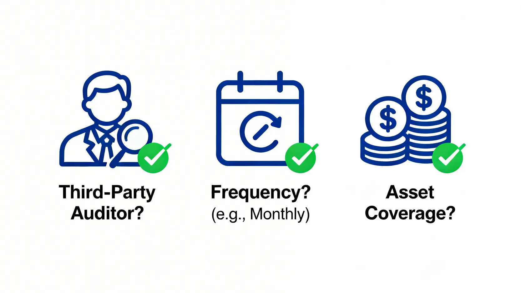 一張資訊圖表,展示了審計儲備金證明的三个核心要素:第三方審計機構、審計頻率和資產覆蓋廣度。