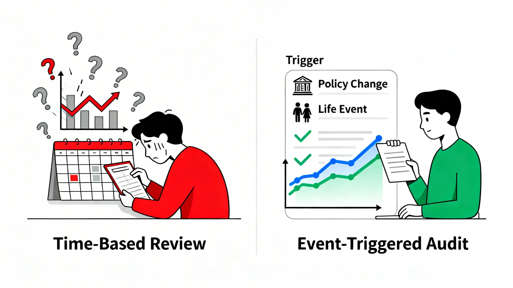 時間檢視與事件審計的對比圖,左邊是焦慮的投資者看著日曆和下跌的圖表,右邊是冷靜的投資者根據預設信號檢查清單。