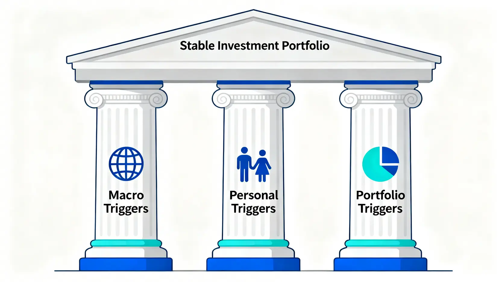 三大審計支柱示意圖:宏觀市場、個人財務、與投資組合表現,三個支柱共同支撐起一個穩定的投資組合。