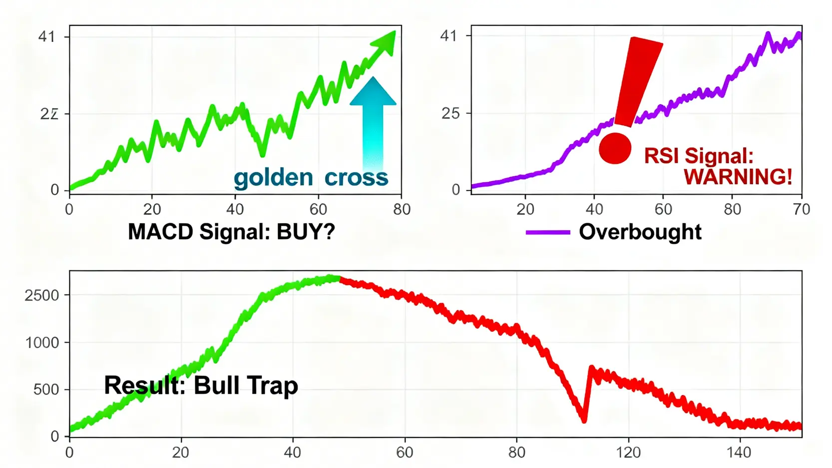 MACD黃金交叉與RSI超買的衝突信號圖,解釋了多頭陷阱的形成。