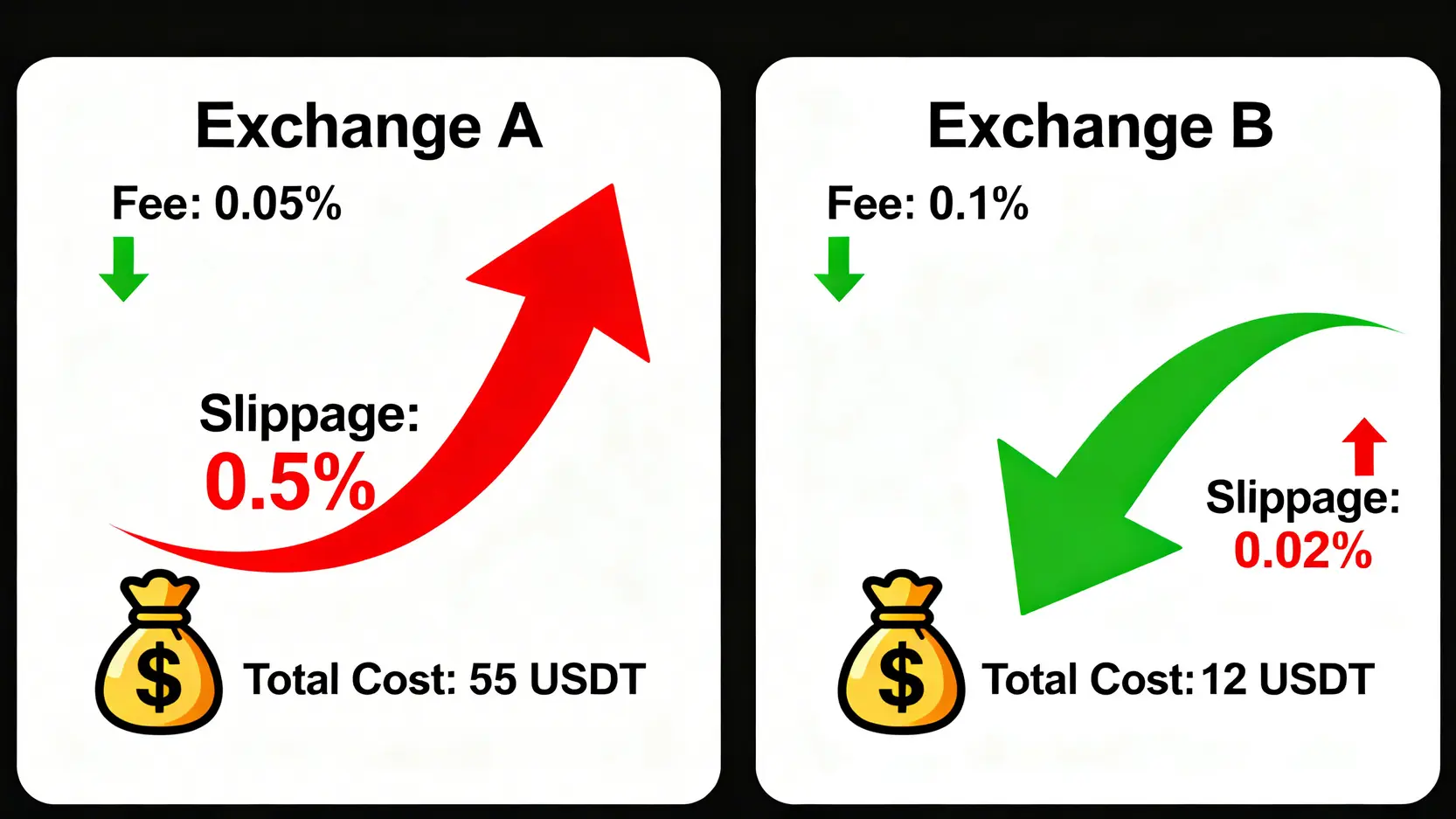 交易所A與B的總交易成本對比圖,顯示A雖然手續費較低,但因滑價過高導致總成本遠高於B。