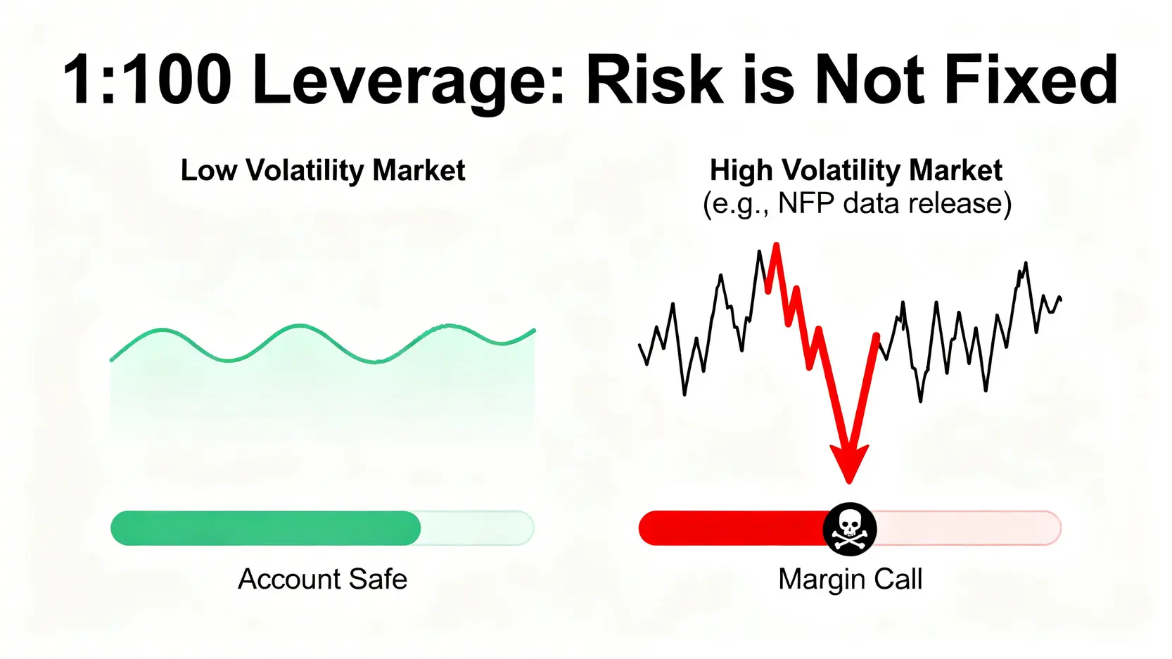 一張對比圖,顯示在低波動市場和高波動市場下,同樣的1:100槓桿所帶來的不同風險結果,高波動下帳戶被強制平倉。