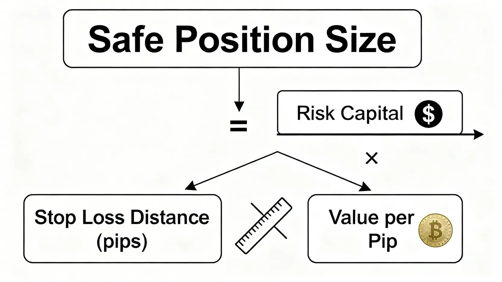 一個公式示意圖,解釋安全倉位大小是如何通過風險資本、止損距離和每點價值計算得出的。