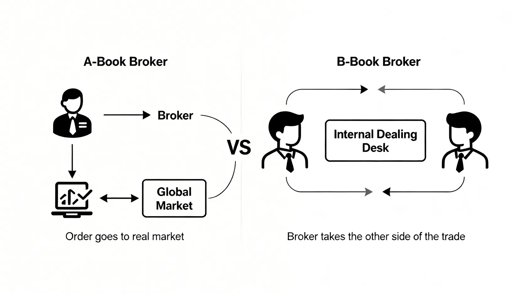 A-Book與B-Book交易商執行模式的流程對比圖,顯示A-Book將訂單傳送至市場,而B-Book與客戶對賭。