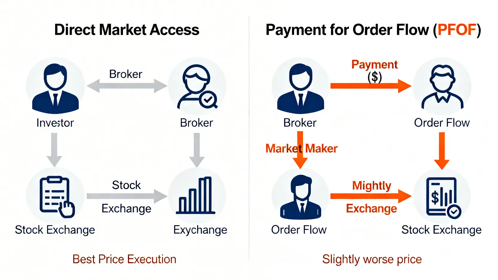 訂單流支付(PFOF)模型與直接市場准入模型的流程對比圖,揭示零手續費券商的潛在利益衝突。