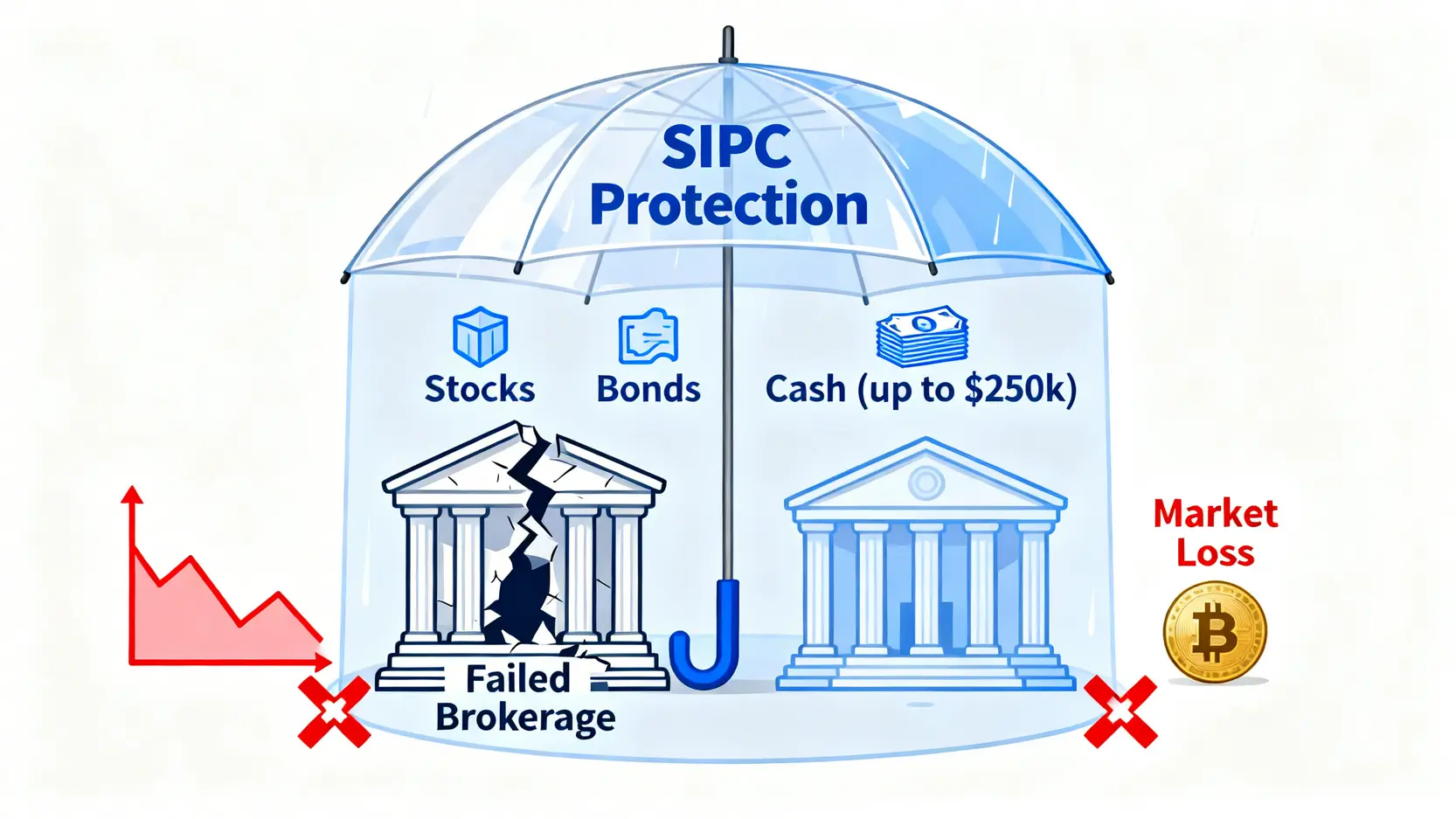 SIPC投資者保護說明圖,展示其保障範圍涵蓋股票、債券和最高25萬美元現金,但不保障市場虧損或加密貨幣。