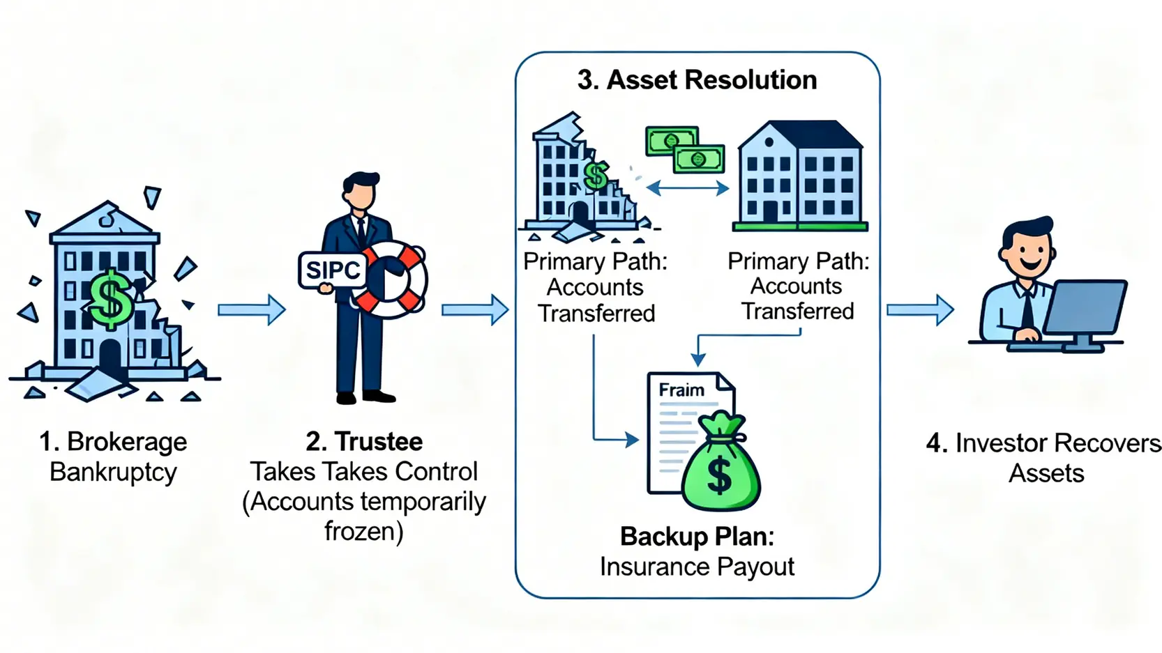 當券商破產時SIPC的處理流程圖,包含凍結帳戶、資產轉移、保險理賠至投資者取回資產的四個步驟。