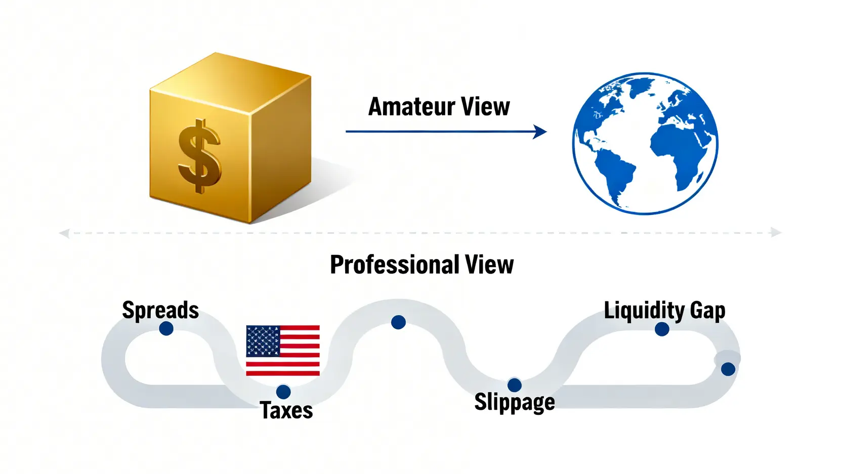 專業投資者視角下的資金轉移路徑圖,顯示了交易成本如價差、稅收和滑點等障礙。