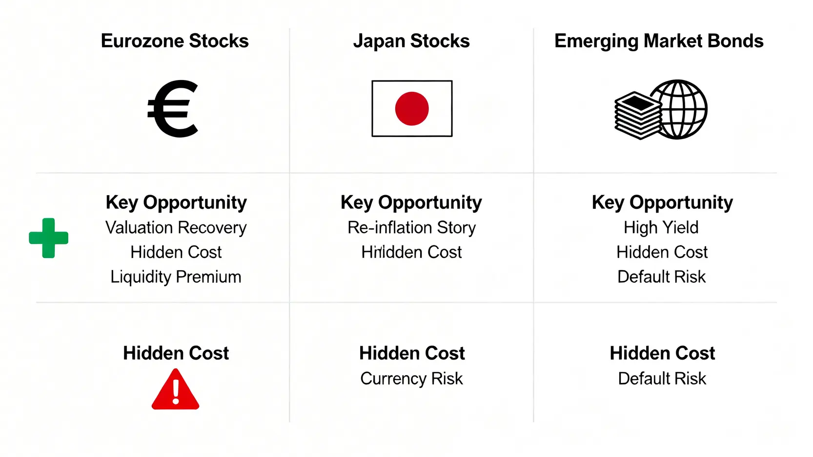 比較2026年三大非美元資產避風港的圖表,列出歐元區、日本和新興市場的機會與隱藏成本。
