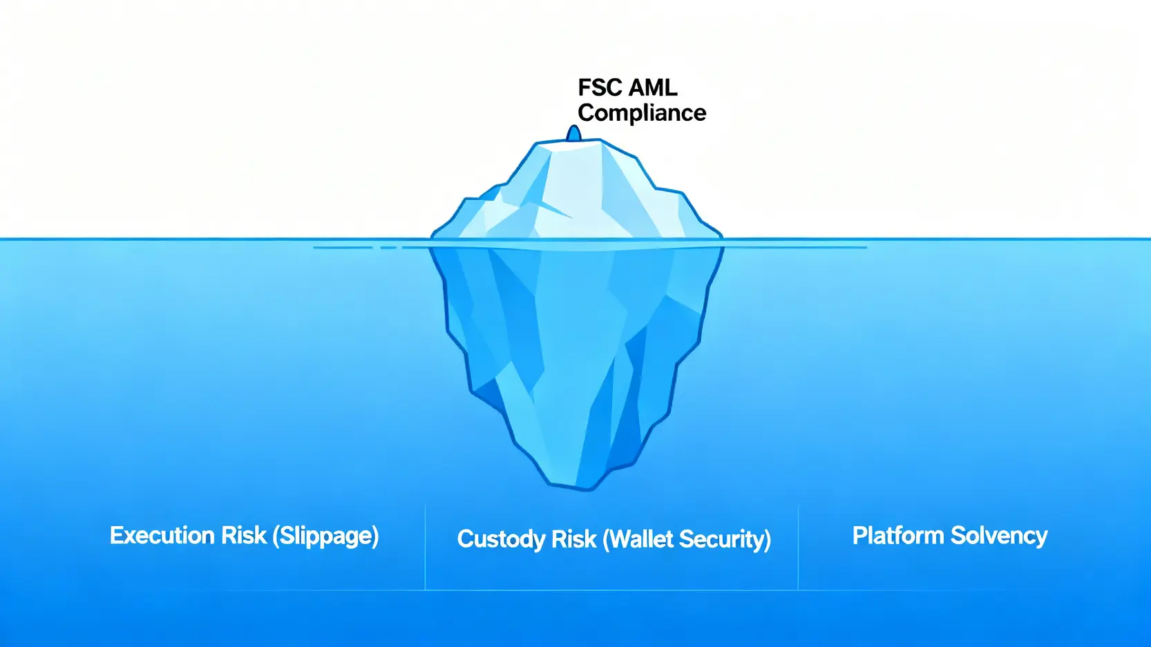 交易所安全風險冰山圖,顯示金管會洗錢防制聲明僅為表面,水下隱藏著更大的託管與交易風險。