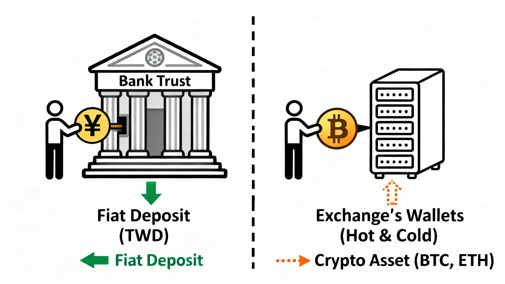 台幣資金信託與加密資產託管的風險對比圖,說明台幣受銀行信託保護,而加密貨幣由交易所自行保管。