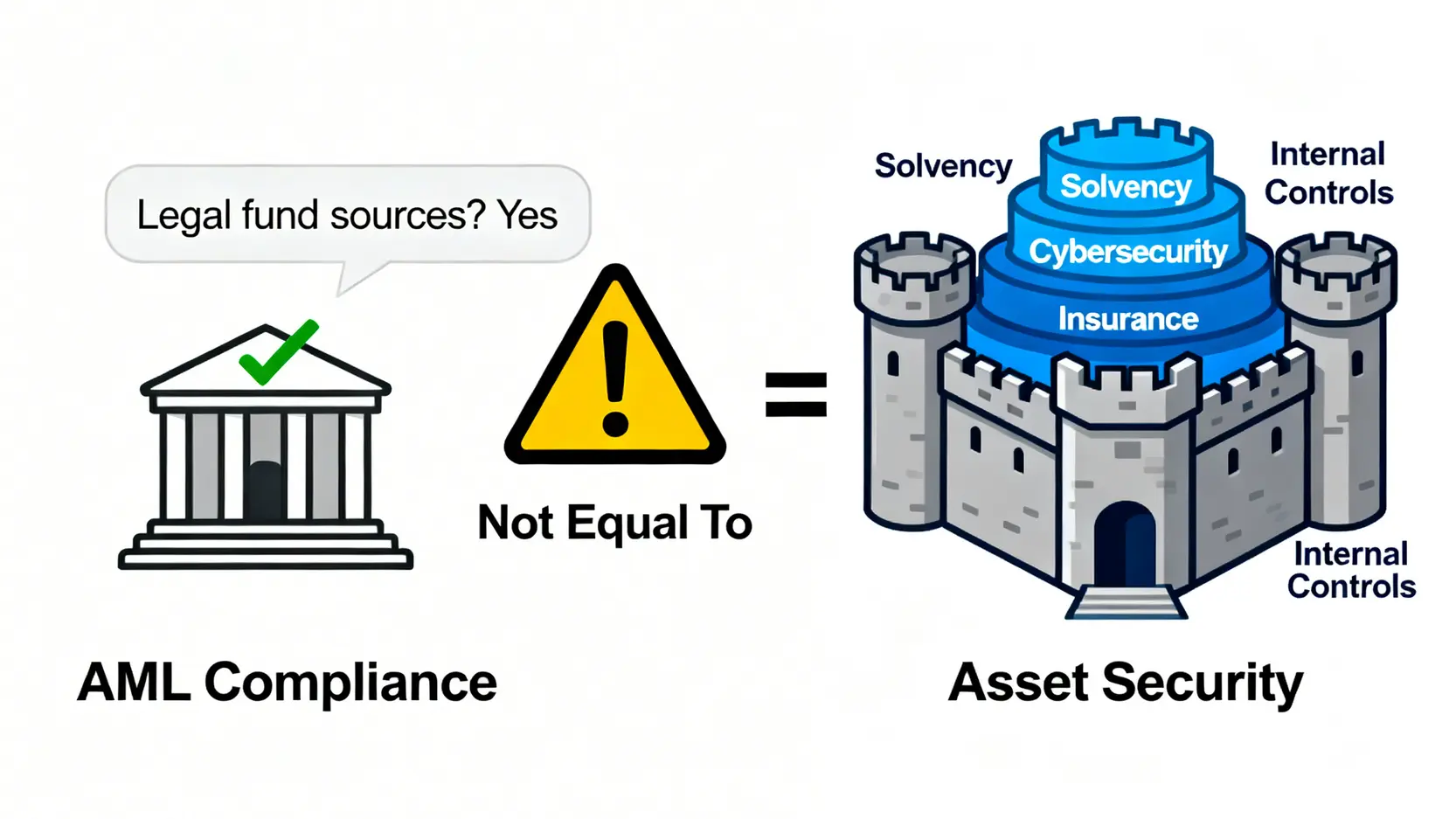 一張概念圖,比較「洗錢防制聲明」與「資金安全保證」的區別,強調兩者並不相等。