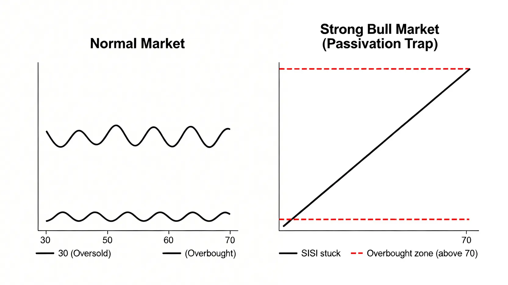 RSI鈍化陷阱示意圖,對比正常市場與強勢牛市中RSI指標的表現。
