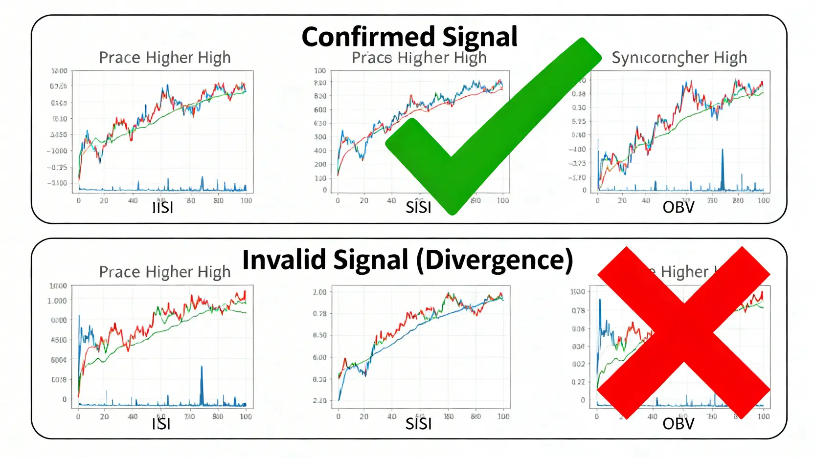 RSI與OBV指標交叉驗證示意圖,對比確認信號與價量背離的無效信號。