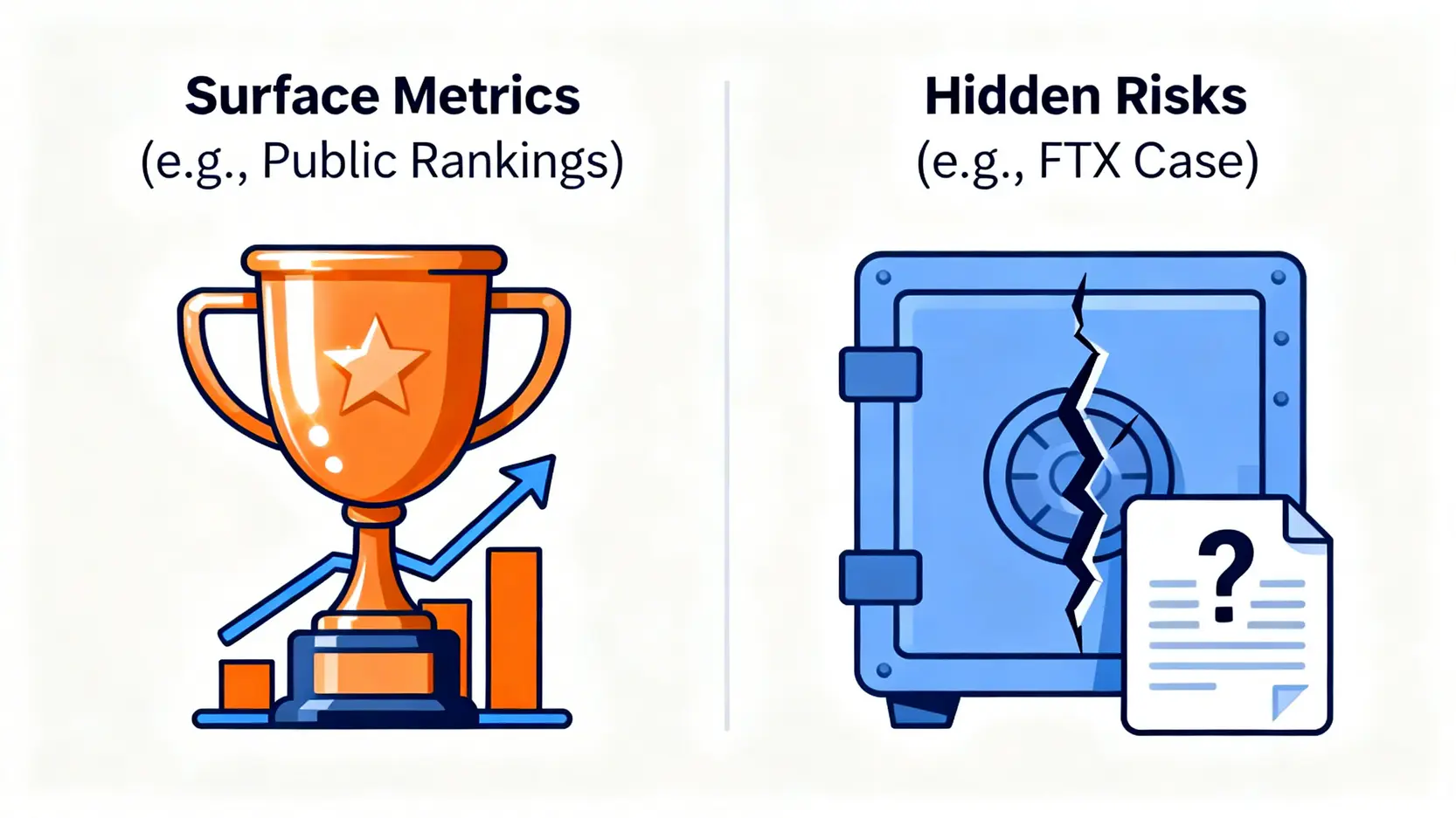 一張對比圖,左邊顯示平台的表面指標如排名和交易量,右邊則揭示了如FTX案例中隱藏的資產質量和透明度等深層風險。