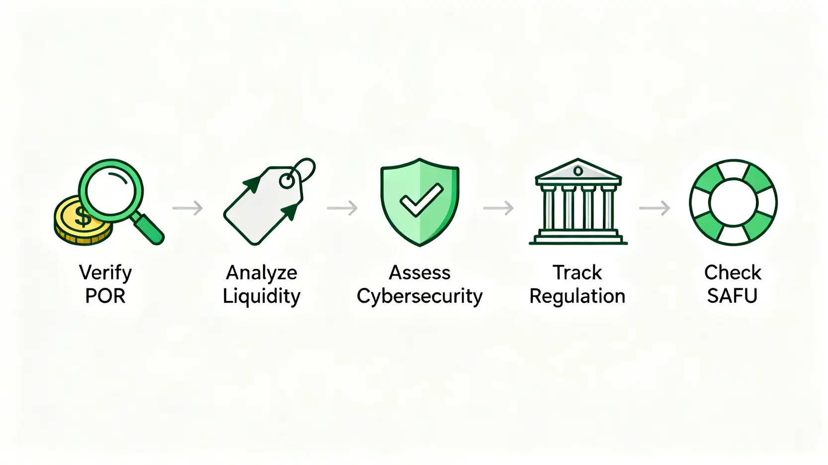 一張流程圖,展示了評估交易所安全的五個步驟:核實儲備金證明、分析流動性、評估網路安全、追蹤監管牌照、以及檢視用戶保障基金。