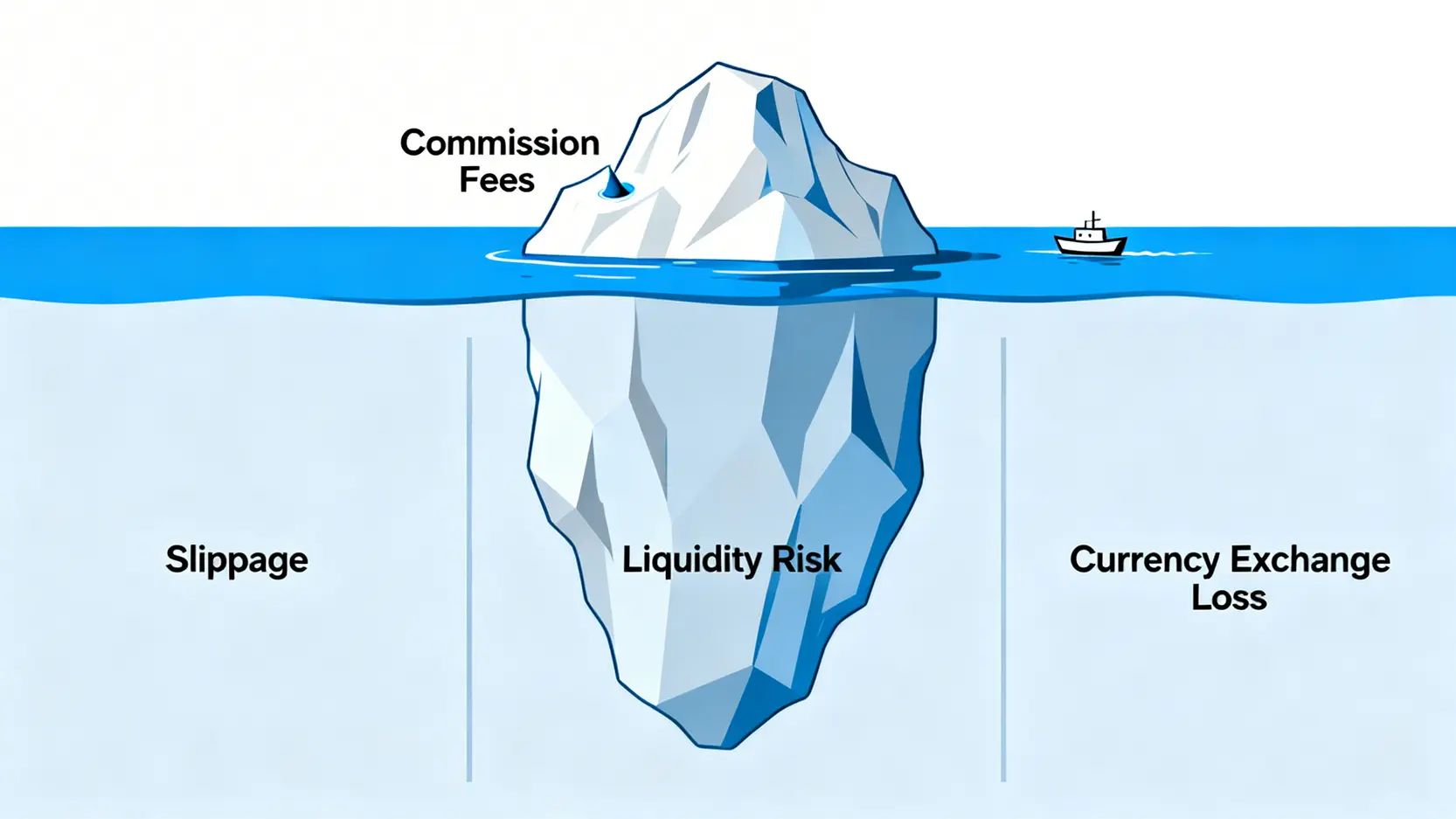 一座冰山圖,尖端標示為“手續費”,水下巨大基座標示為“滑點、流動性陷阱、匯率差損”三大隱藏成本。
