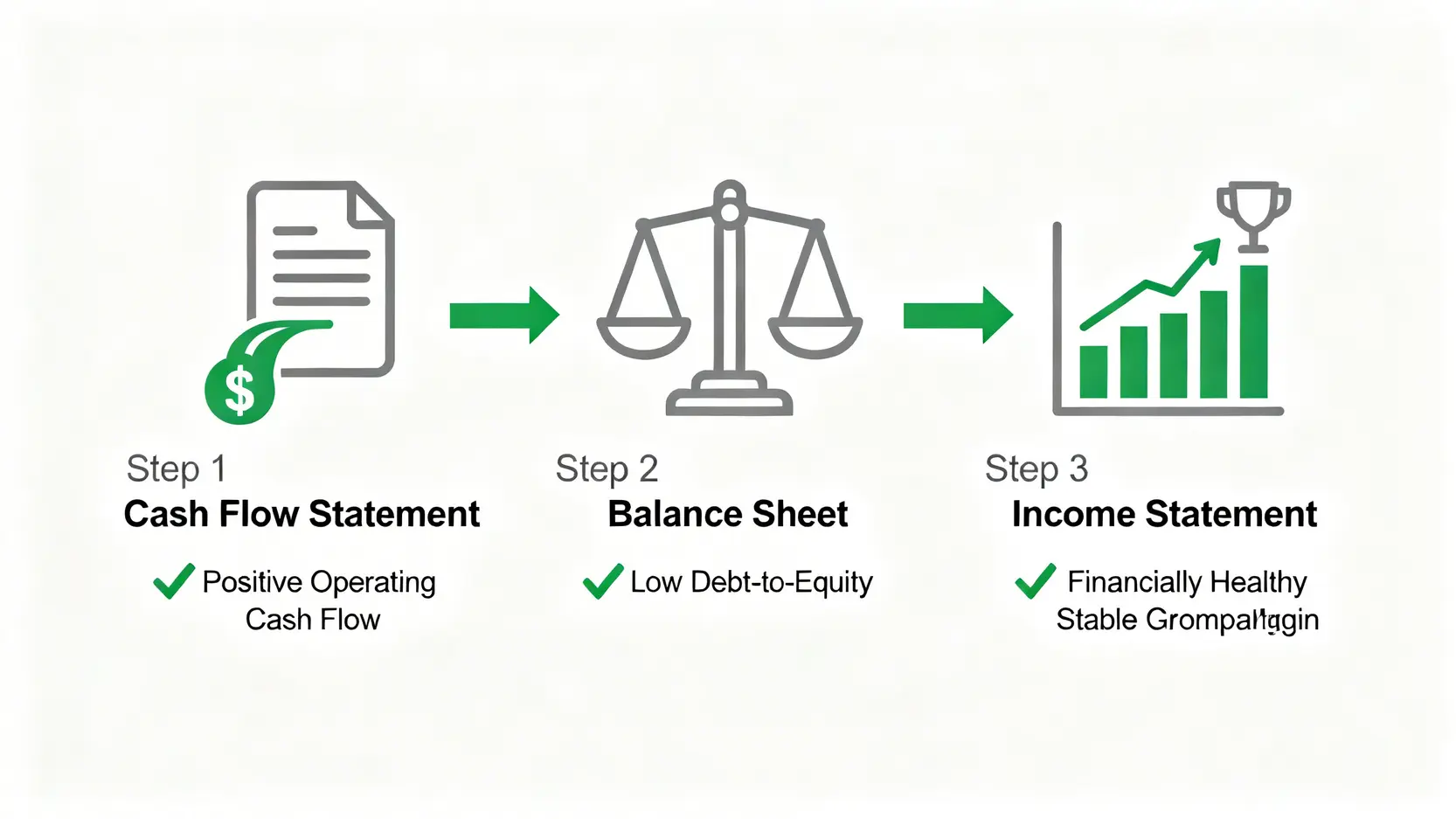 一張展示財務健康度篩選三步驟的流程圖,包含現金流量表、資產負債表和利潤表分析。