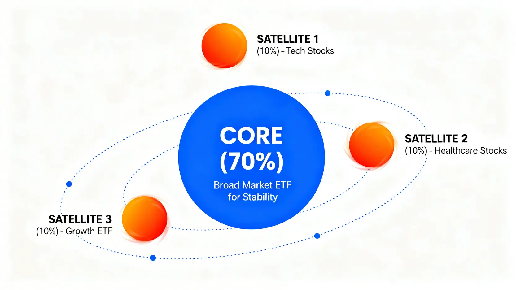 一張核心-衛星投資組合示意圖,中央是佔比大的核心資產(如VOO),周圍環繞著佔比較小的衛星資產(如高成長潛力股)。
