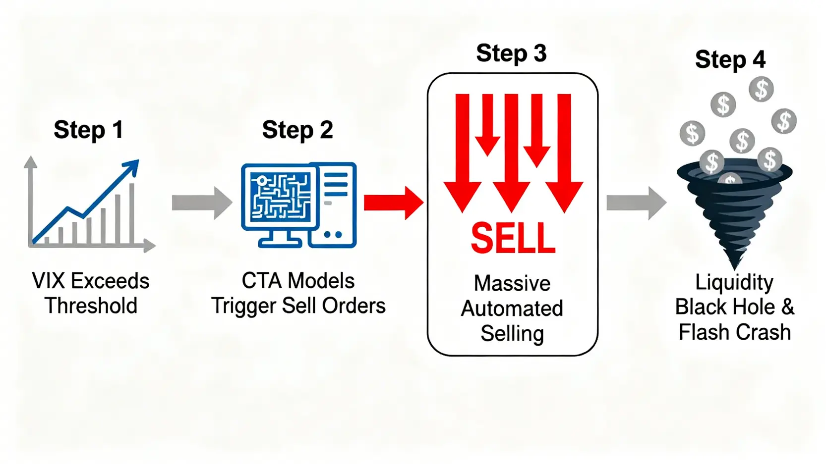 一張流程圖,說明市場流動性黑洞事件的形成過程,從波動率上升到程式化拋售,最終導致閃電崩盤。