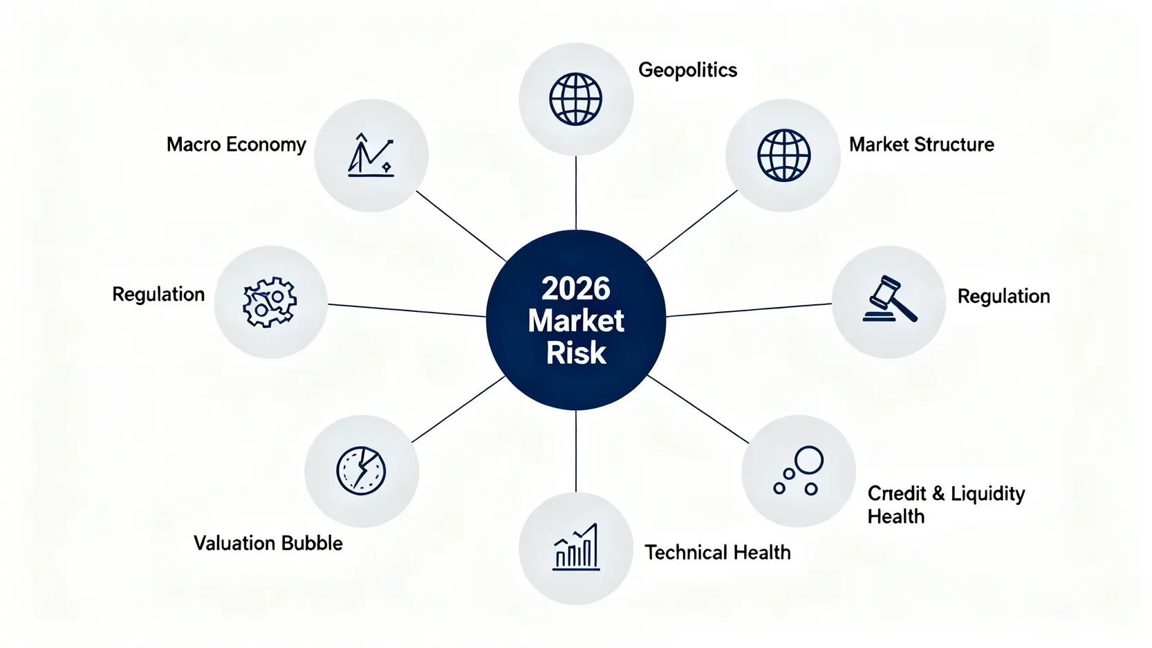 2026美股七維風險矩陣的概念圖,中央是市場風險,周圍環繞著宏觀經濟、地緣政治、市場結構、行業監管、信用流動性、估值泡沫和技術面等七個維度。