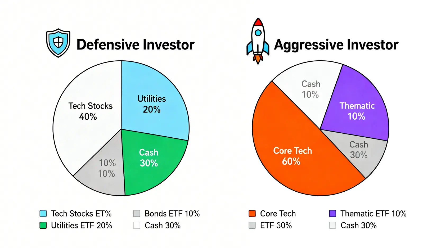 一張對比圖,展示防禦型和進取型投資者在面對市場風險時的資產配置調整方案,包含科技股、公用事業、債券及現金等比例。