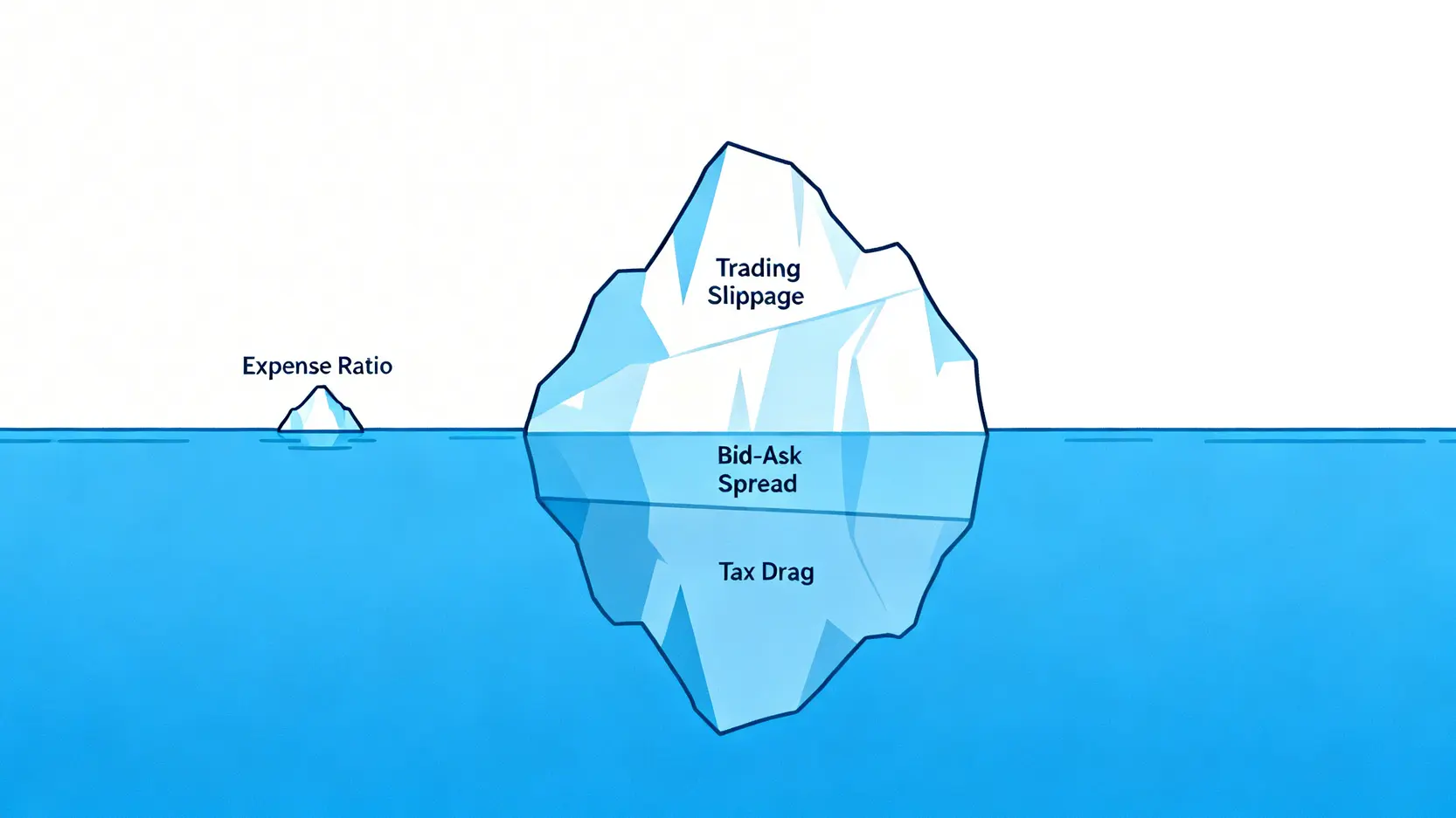 總持有成本冰山圖,顯示管理費只是可見的一小部分,而滑點、買賣價差和稅務拖累是潛藏在水下的巨大隱性成本。