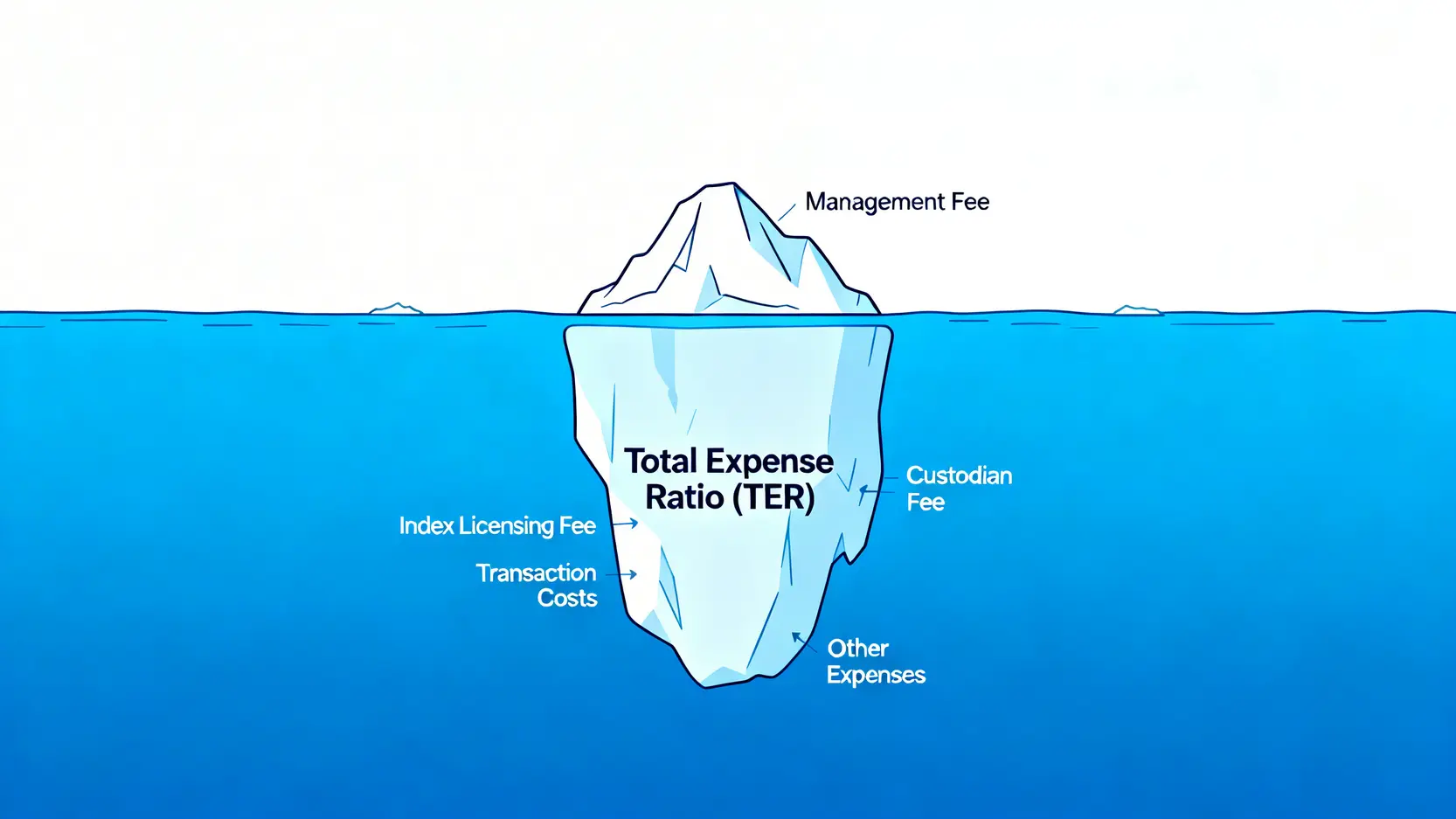 一張冰山圖,說明ETF的總費用率(TER)概念。可見的管理費只是冰山一角,水面下隱藏著更多如保管費、交易成本等費用。