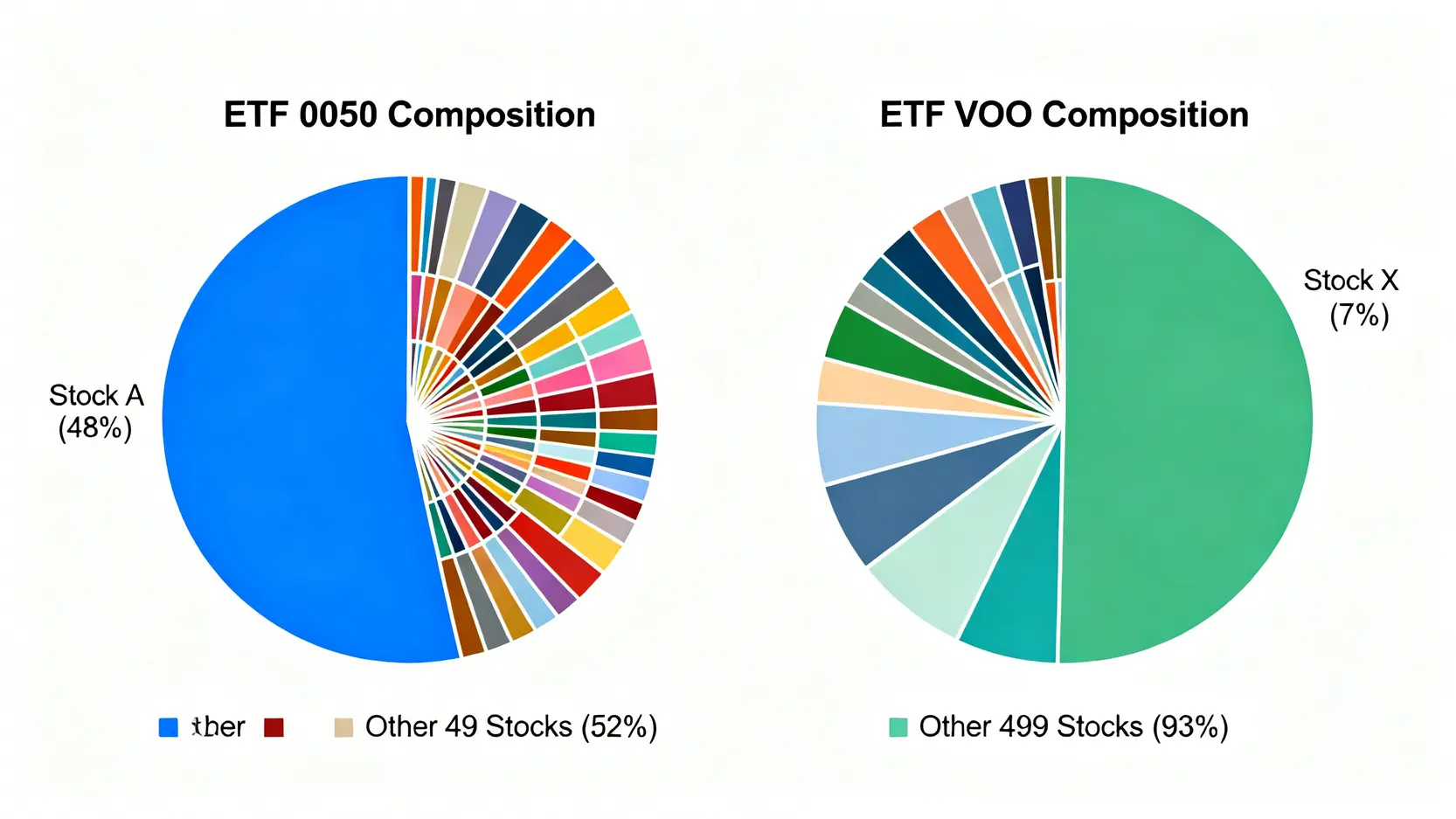 兩張圓餅圖並排比較0050與VOO的持股集中度。左圖顯示0050有近半數集中於單一股票,右圖的VOO則呈現更健康的分散狀態。
