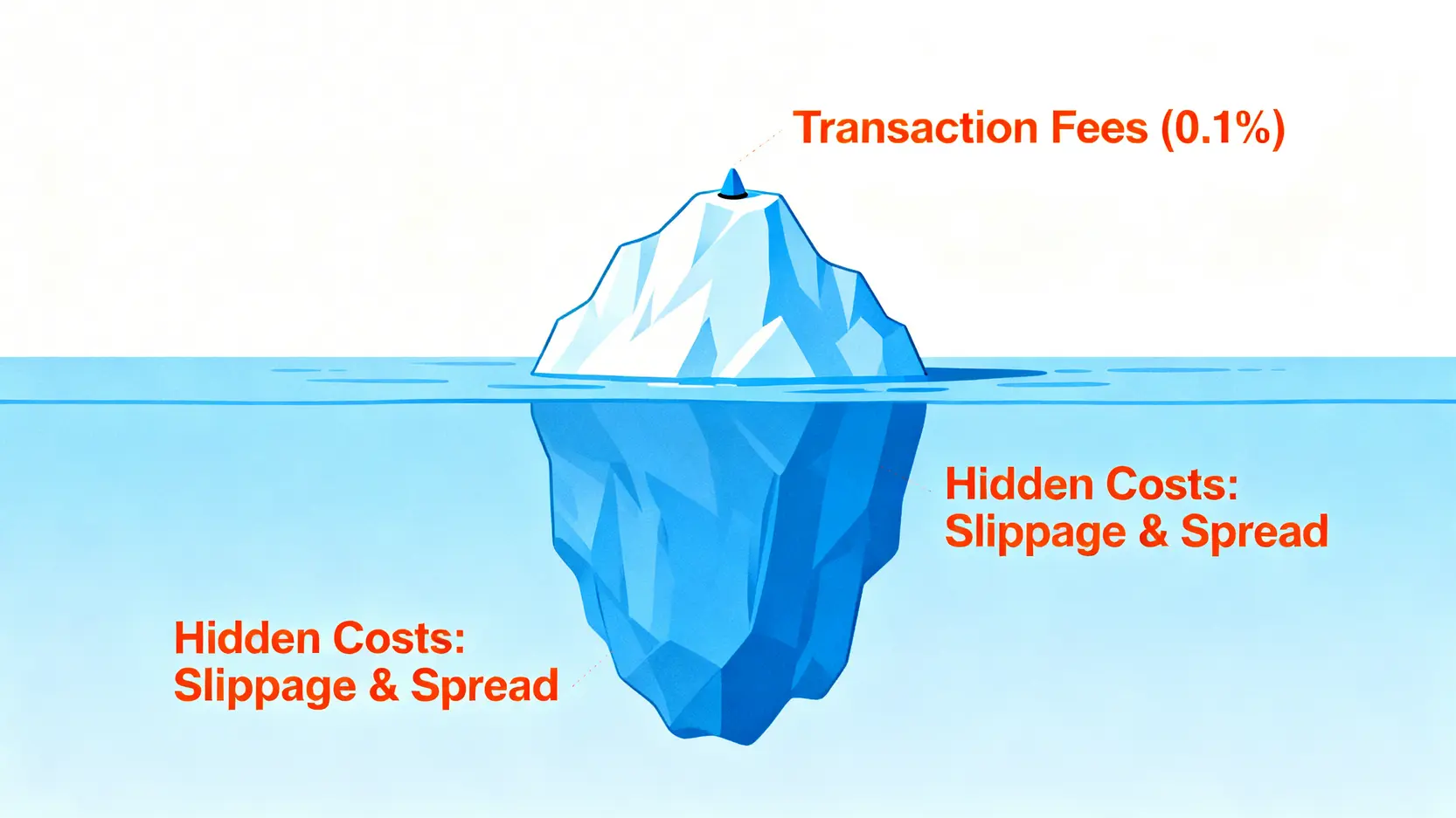 交易成本冰山圖,顯示手續費只是可見的一小部分,而滑點和價差是水面下更大的隱藏成本。