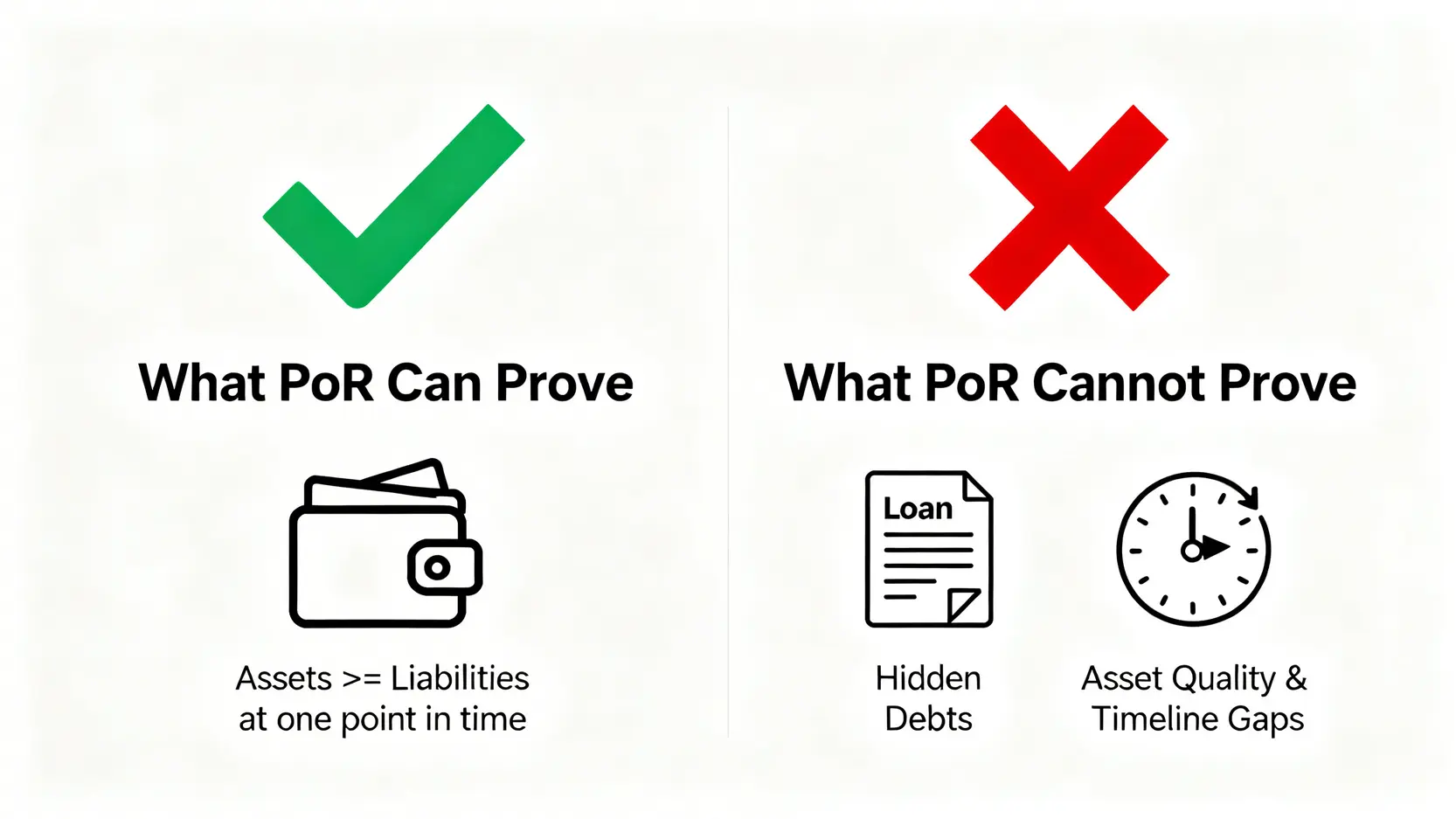 儲備證明(PoR)能證明與不能證明的對比圖。它能證明特定時間點的資產大於負債,但不能證明負債的完整性或資產的質量。