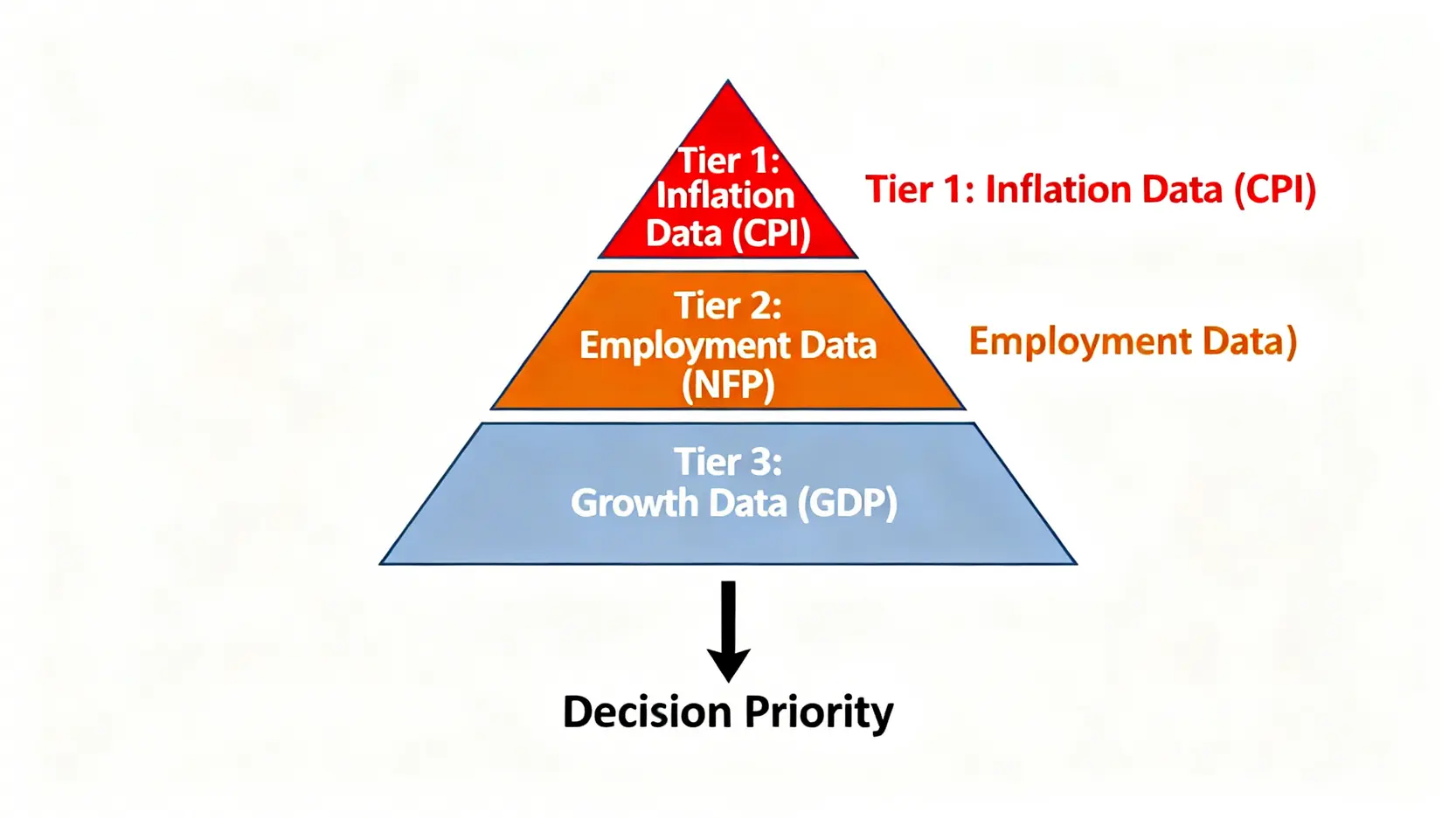 聯準會經濟數據決策層級金字塔圖,顯示通膨數據優先級最高,其次是就業數據,最後是增長數據。
