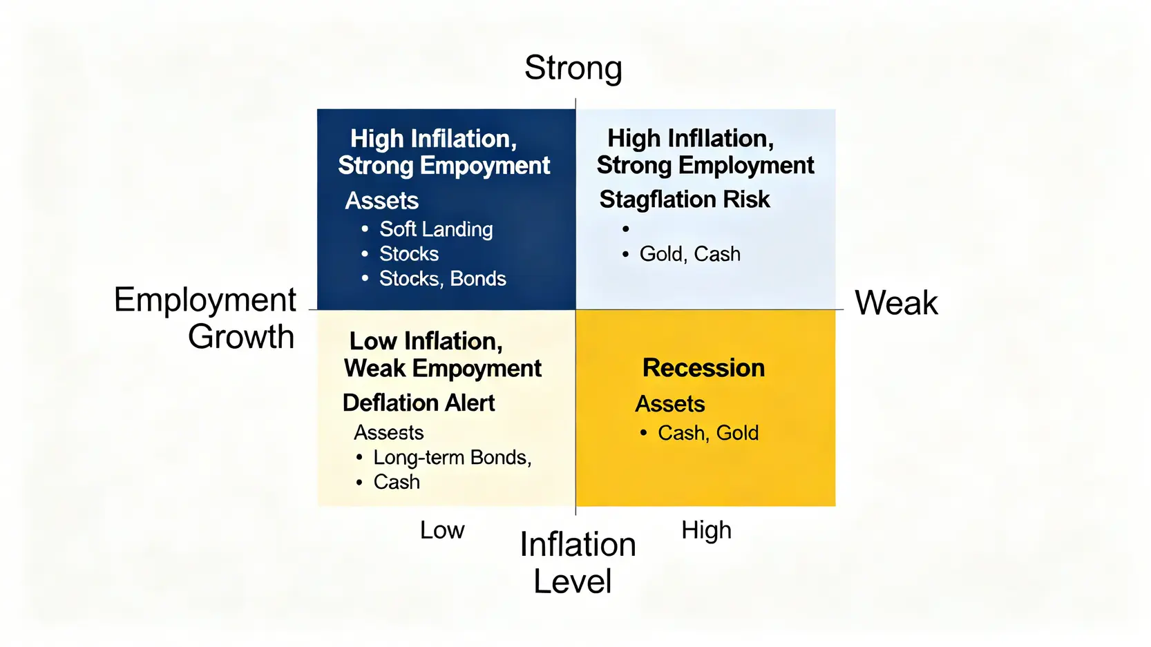 2026年交易員風險矩陣圖,展示了在四種不同通膨與就業組合下的推薦資產配置策略。