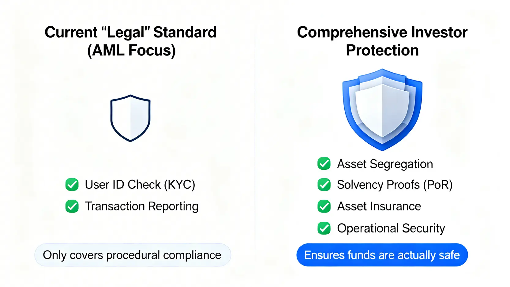 圖表比較目前的合法標準與完整的投資者保障之間的區別,強調合法不等於安全。