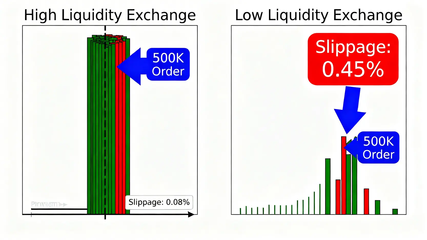 高流動性與低流動性交易所的滑點成本比較示意圖,顯示大額訂單在兩種平台上的不同價格影響。