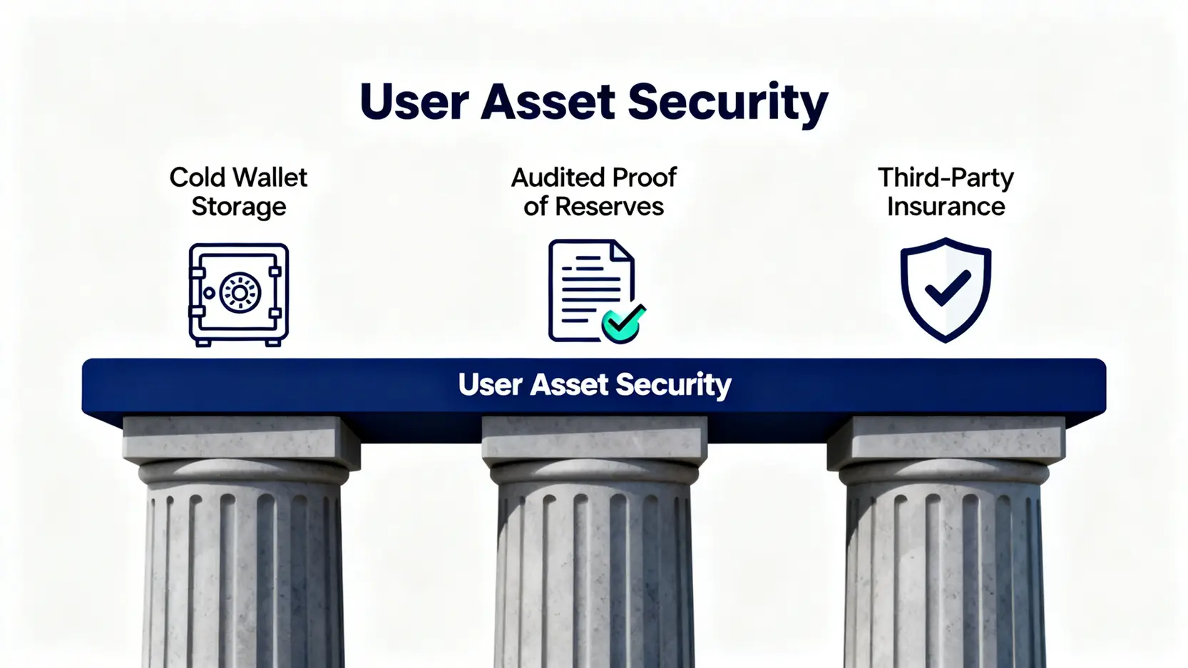 交易所用戶資產安全的三大支柱概念圖:冷錢包儲存、經審計的儲備金證明、以及第三方資產保險。