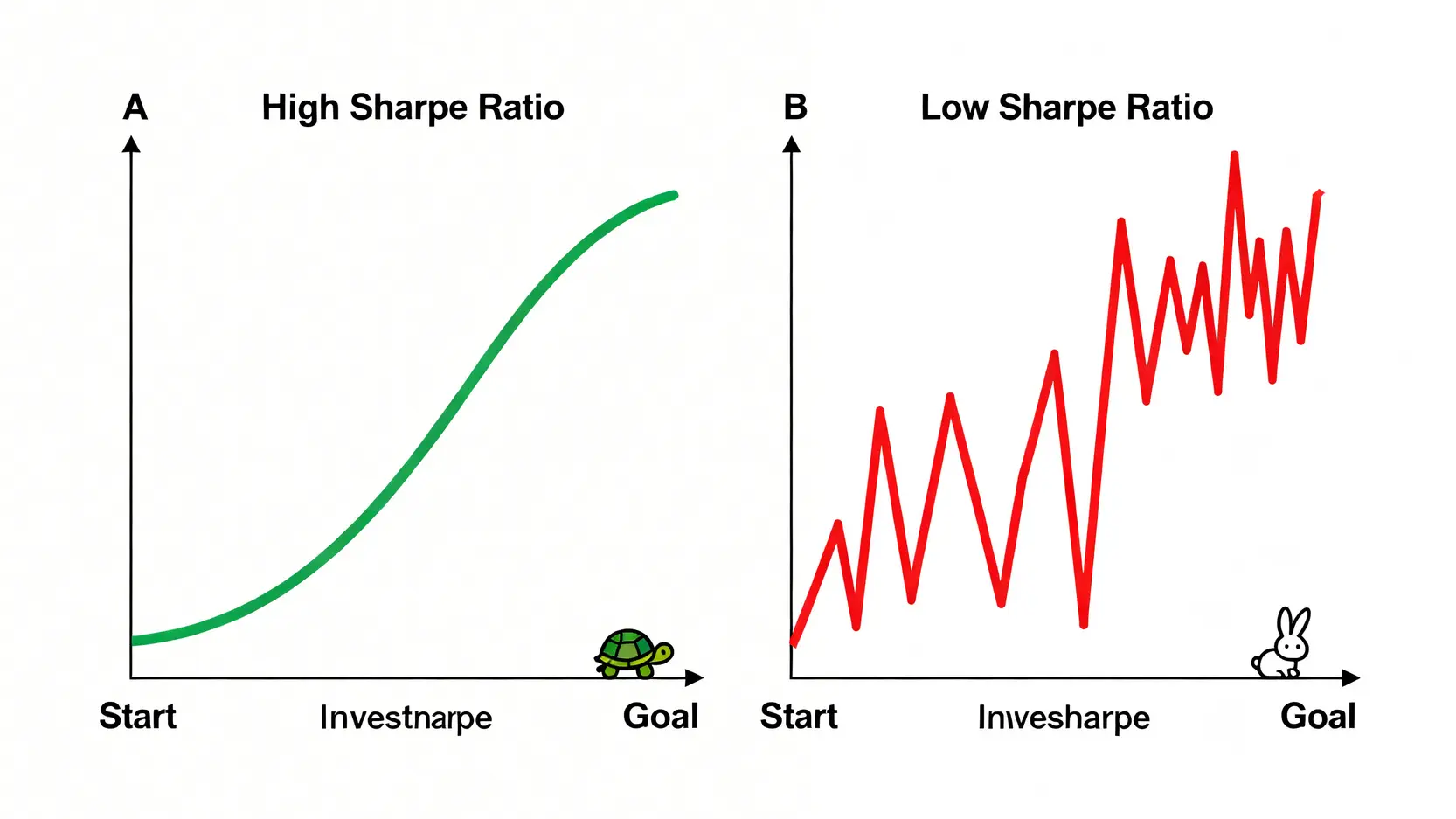 一張對比圖,解釋夏普比率。組合A路徑平緩,代表高夏普比率;組合B路徑顛簸,代表低夏普比率,儘管兩者最終報酬相同。