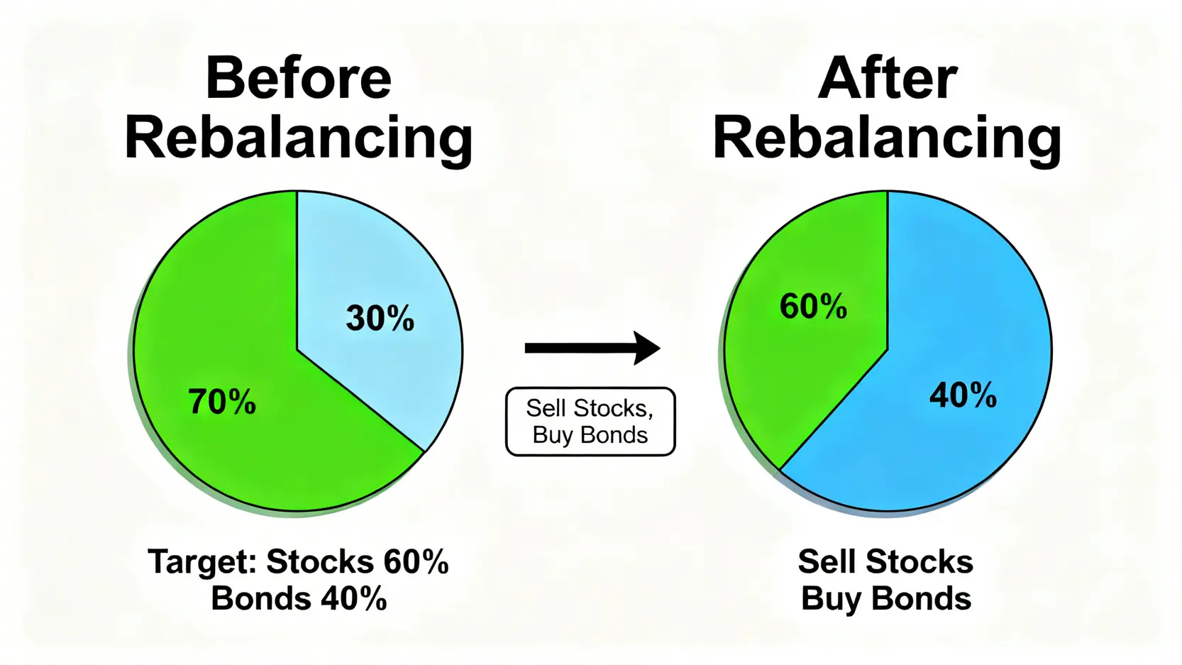 一張流程圖,展示資產配置再平衡的過程。從失衡的70%股票/30%債券,透過賣出股票買入債券,恢復到目標的60%/40%比例。