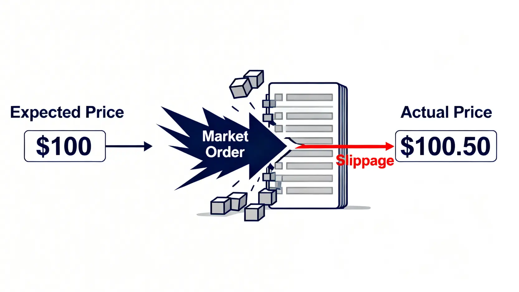 交易滑點概念示意圖,顯示預期成交價與實際成交價之間的差異,即隱性交易成本。