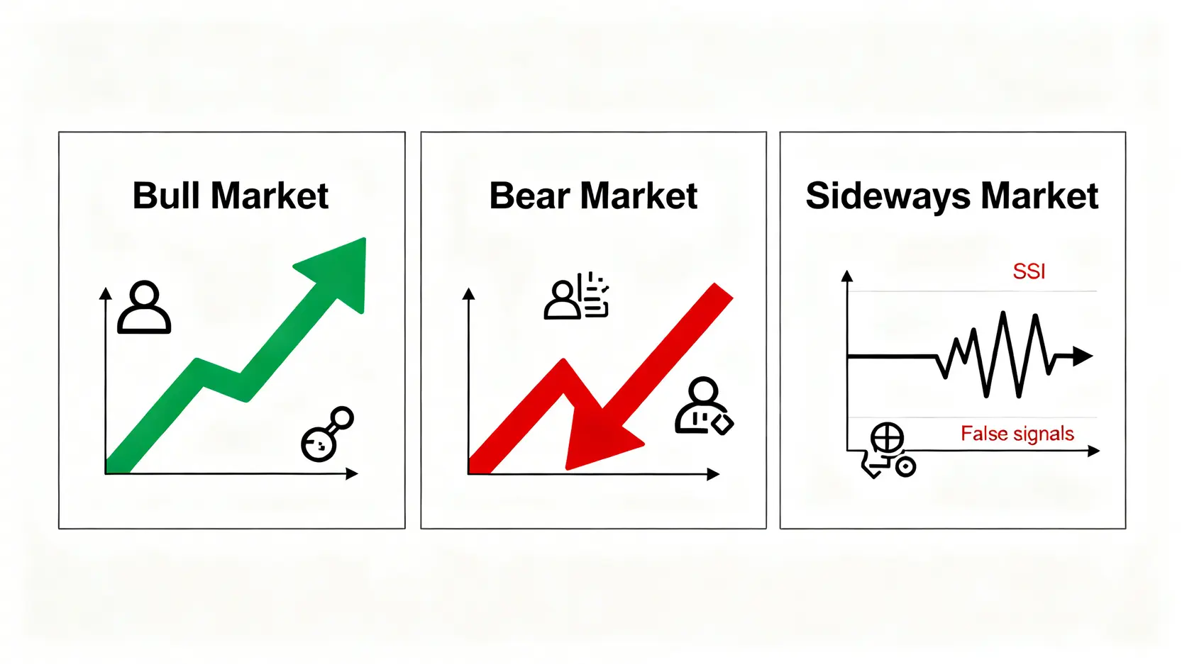 一張圖說明不同市場狀態下適合的技術指標類型:牛市與熊市適用趨勢指標,盤整市適用震盪指標。