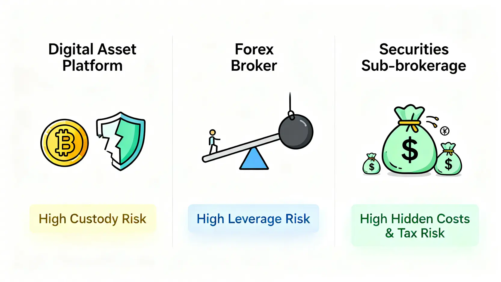 三大交易所核心風險對比圖:加密貨幣交易所的託管風險、外匯經紀商的槓桿風險、證券複委託的隱藏成本與稅務風險。
