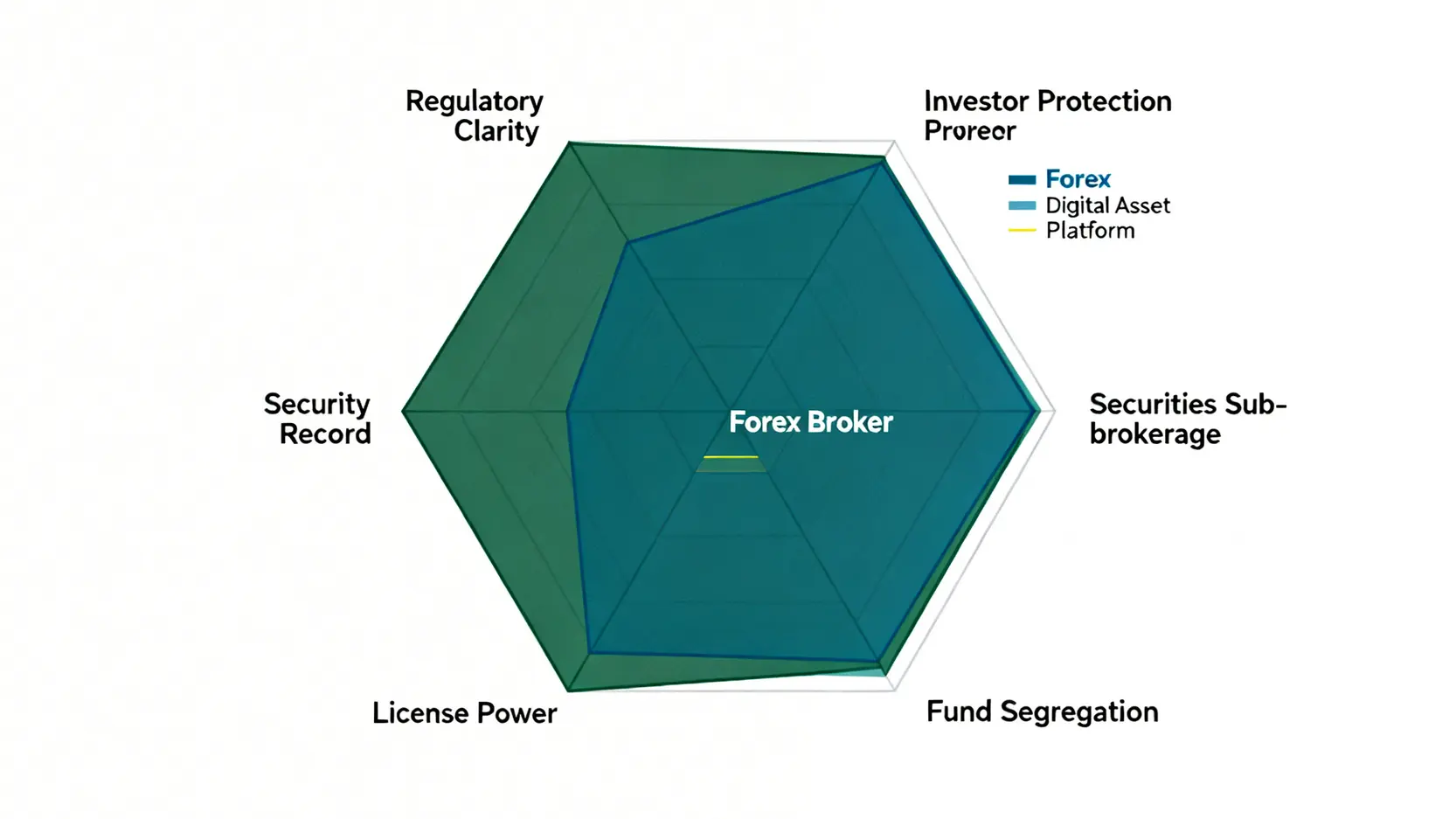 交易所監管風險雷達圖,比較加密貨幣交易所、外匯經紀商和證券複委託在監管、投資者保護、資金隔離等五個維度的安全性。