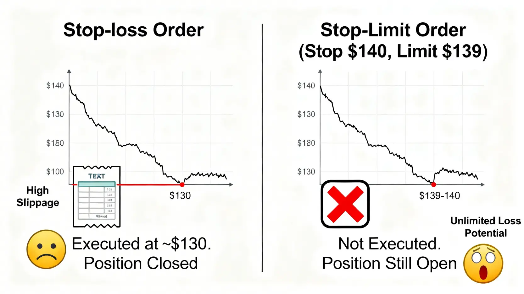 對比圖:停損單與止損限價單在股價跳空下跌時的執行結果差異。